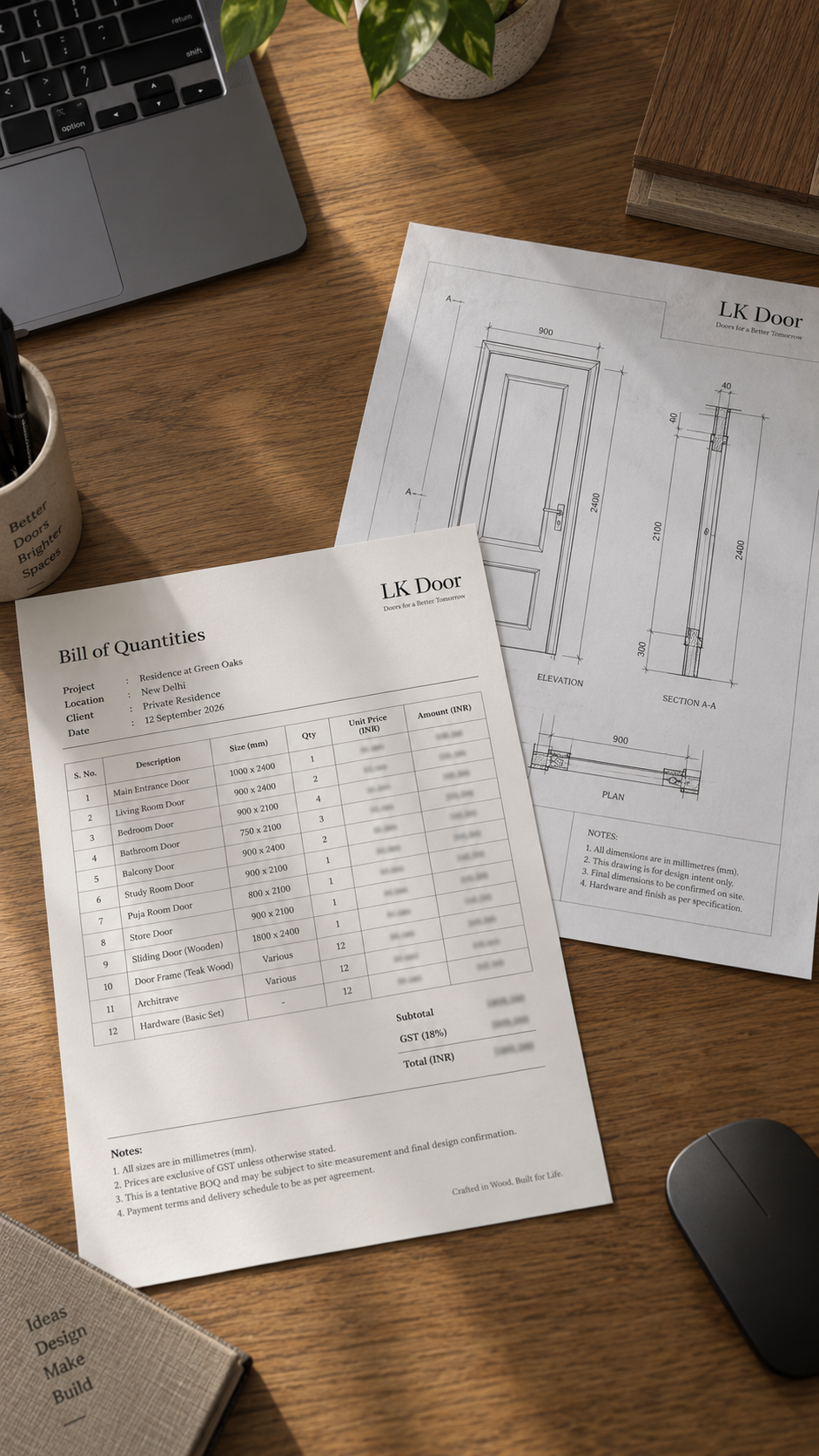 Printed bill of quantities for a wooden door order with a door elevation drawing