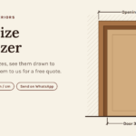 Door size visualizer showing a door, frame and architrave with measurements, used to send door sizes for a free quote