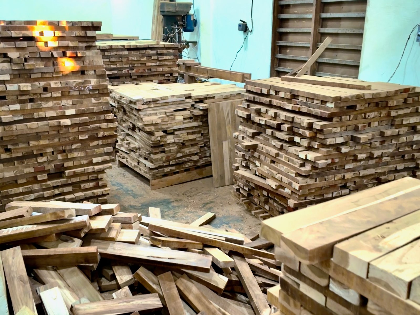 Hardwood timber stacked in the LK Doors and Interiors kiln chamber for drying after a 48-hour chemical treatment, Bhiwadi factory