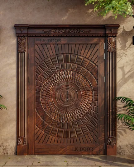 LK 128 solid wood double main door with a large carved mandala across both leaves