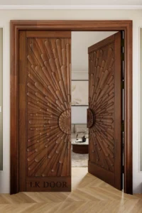 LK 146 solid wood double door with carved sunburst petal rays from a central rosette, shown half open, by LK Doors and Interiors