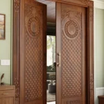 LK 165 solid wood double door with carved shell medallions over a tufted diamond pattern, by LK Doors and Interiors