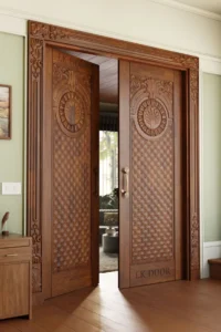 LK 165 solid wood double door with carved shell medallions over a tufted diamond pattern, by LK Doors and Interiors