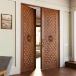 LK 202 solid wood double door with a tufted lattice pattern and carved mandala medallions, shown half open, by LK Doors and Interiors