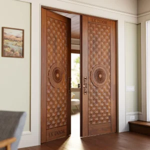 LK 202 solid wood double door with a tufted lattice pattern and carved mandala medallions, shown half open, by LK Doors and Interiors