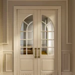 LK 609-H white HDHMR double door with arched glass grid and brass handles, by LK Doors and Interiors