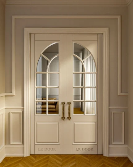 LK 609-H white HDHMR double door with an arched glass grid and brass handles