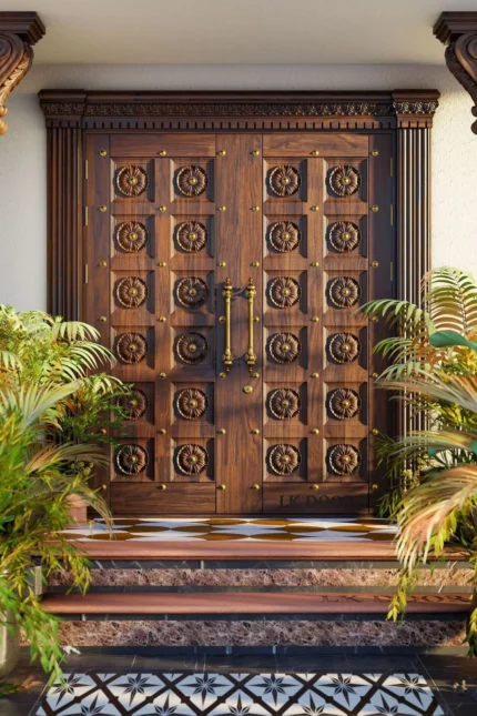 LK 649 solid wood double main door with carved floral rosettes on square panels and brass studs