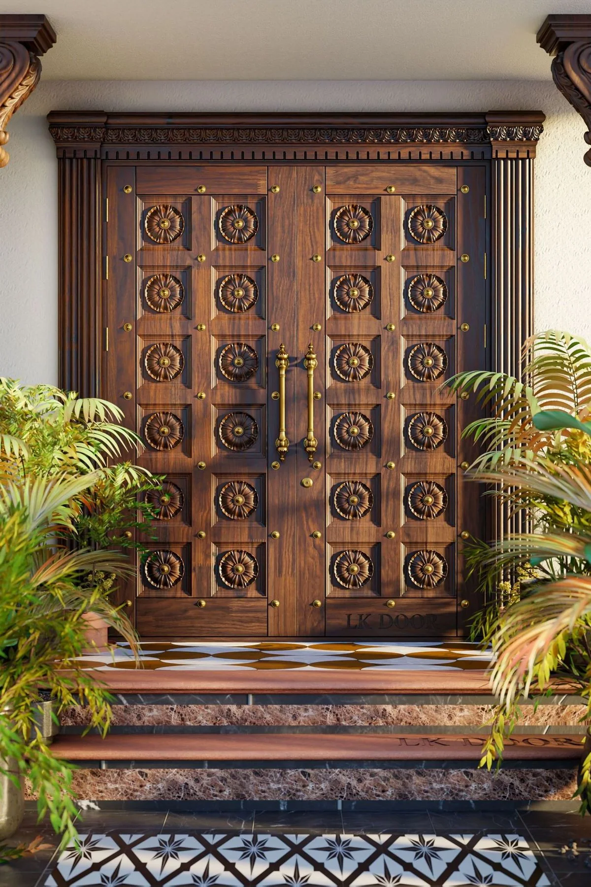 LK 649 | Floral Rosette Solid Wood Double Door with Brass Studs LK 649 solid wood double main door with carved floral rosettes on square panels and brass studs, by LK Doors and Interiors