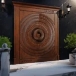 LK 662 solid wood double door with concentric rings of fluted carving, against a black marble wall, by LK Doors and Interiors