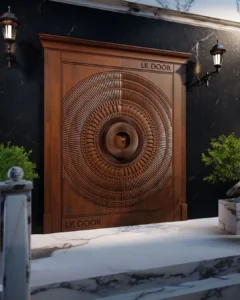 LK 662 solid wood double door with concentric rings of fluted carving, against a black marble wall, by LK Doors and Interiors