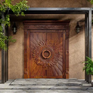 LK 678 solid wood double main door with a carved flame sunburst over grooved rays, by LK Doors and Interiors