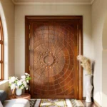LK 706 solid wood double door with deep radial carving and raised domes spreading from a central ring, by LK Doors and Interiors