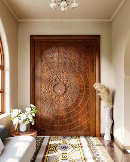 LK 706 solid wood double door with deep radial carving and raised domes spreading from a central ring