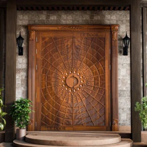 LK 706 radial dome carved solid wood double main door at a stone-clad entrance with carved pilasters, by LK Doors and Interiors