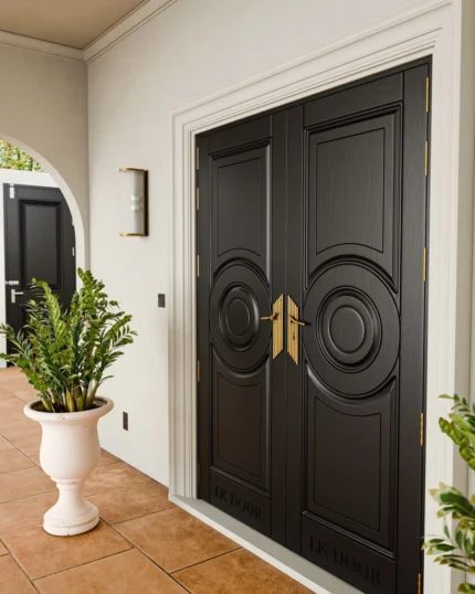 LK 723-H black HDHMR double door with raised circle panels and gold handles