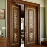 LK 729-M solid wood double door with scrollwork panels finished in gold metal carving, by LK Doors and Interiors