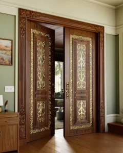 LK 729-M solid wood double door with scrollwork panels finished in gold metal carving, by LK Doors and Interiors
