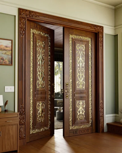 LK 729-M solid wood double door with scrollwork panels finished in gold metal carving