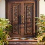 LK 729 ornate solid wood double main door with carved scrollwork panels and floral borders, by LK Doors and Interiors