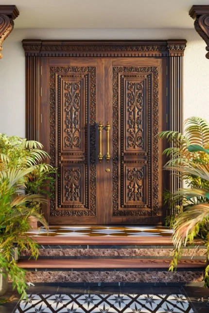 LK 729 ornate solid wood double main door with carved scrollwork panels and floral borders