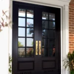 LK 730 black solid wood French double door with glass grid panels and brass handles, by LK Doors and Interiors