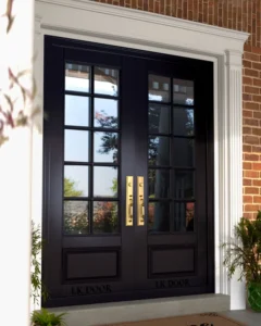 LK 730 black solid wood French double door with glass grid panels and brass handles, by LK Doors and Interiors