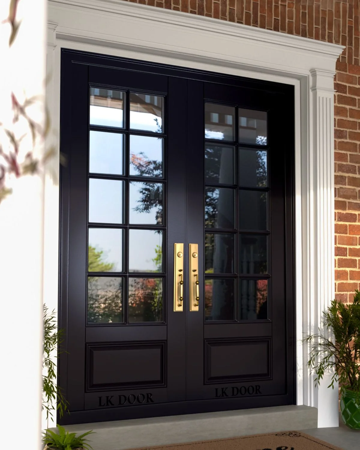LK 730 | French Glass Solid Wood Double Door in Black LK 730 black solid wood French double door with glass grid panels and brass handles, by LK Doors and Interiors