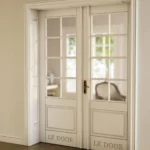 LK 730-H white HDHMR French double door with an eight-pane glass grid and raised bottom panels, by LK Doors and Interiors