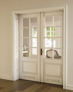 LK 730-H white HDHMR French double door with an eight-pane glass grid and raised bottom panels, by LK Doors and Interiors