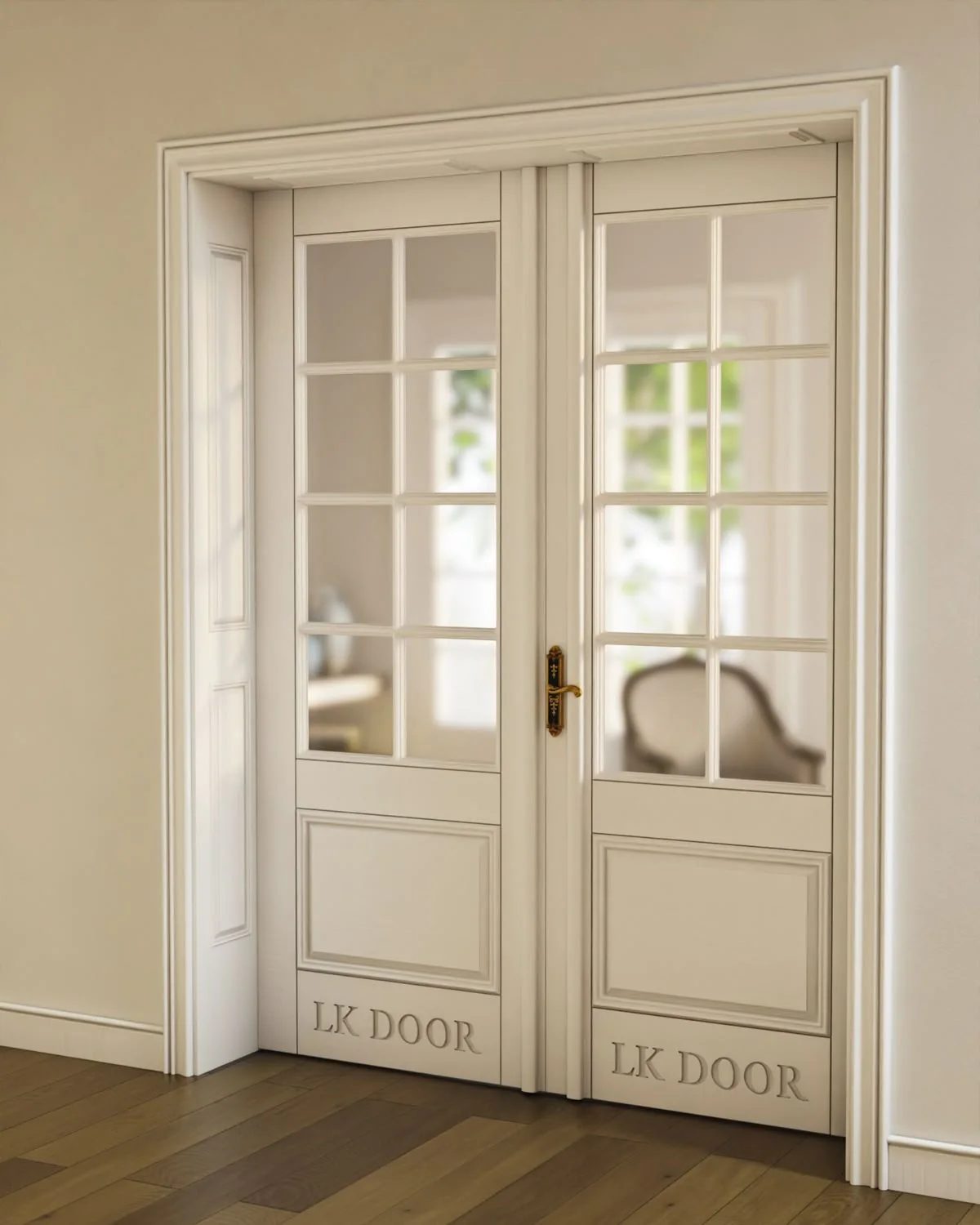 LK 730-H | French Glass Double Door in White HDHMR LK 730-H white HDHMR French double door with an eight-pane glass grid and raised bottom panels, by LK Doors and Interiors