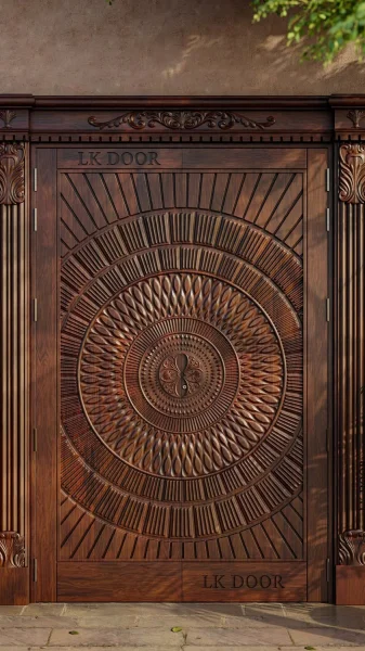 LK 128 solid wood double main door with a large carved mandala across both leaves and fluted pilasters, by LK Doors and Interiors