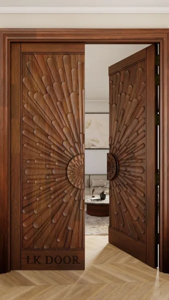LK 146 solid wood double door with carved sunburst petal rays from a central rosette, shown half open, by LK Doors and Interiors