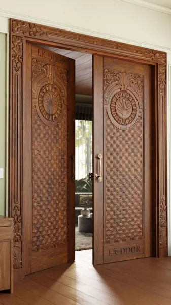 LK 165 solid wood double door with carved shell medallions over a tufted diamond pattern, by LK Doors and Interiors