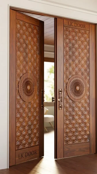 LK 202 solid wood double door with a tufted lattice pattern and carved mandala medallions, shown half open, by LK Doors and Interiors