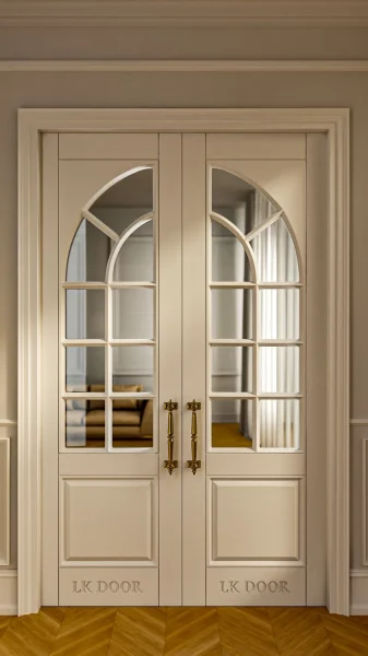 LK 609-H white HDHMR double door with arched glass grid and brass handles, by LK Doors and Interiors
