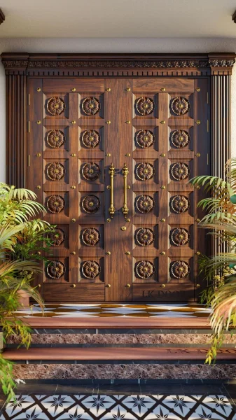 LK 649 solid wood double main door with carved floral rosettes on square panels and brass studs, by LK Doors and Interiors
