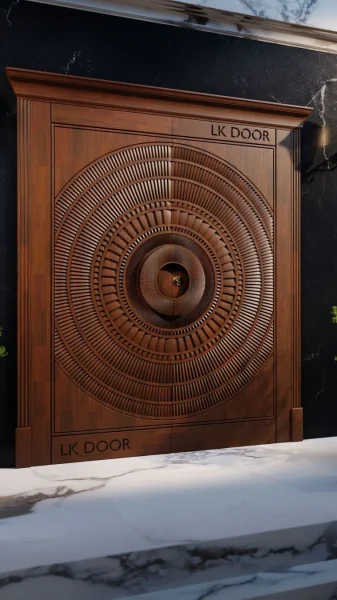 LK 662 solid wood double door with concentric rings of fluted carving, against a black marble wall, by LK Doors and Interiors