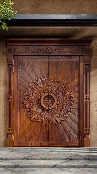 LK 678 solid wood double main door with a carved flame sunburst over grooved rays, by LK Doors and Interiors
