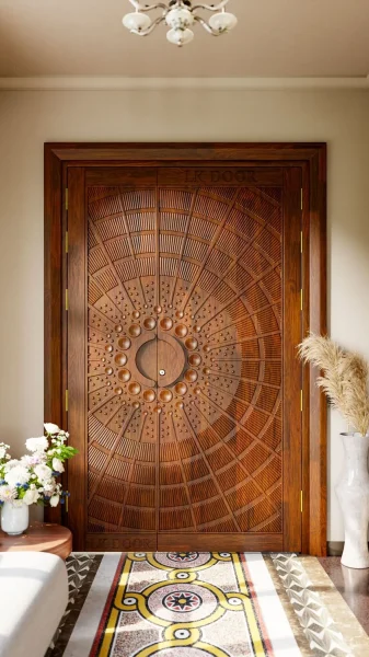 LK 706 solid wood double door with deep radial carving and raised domes spreading from a central ring, by LK Doors and Interiors