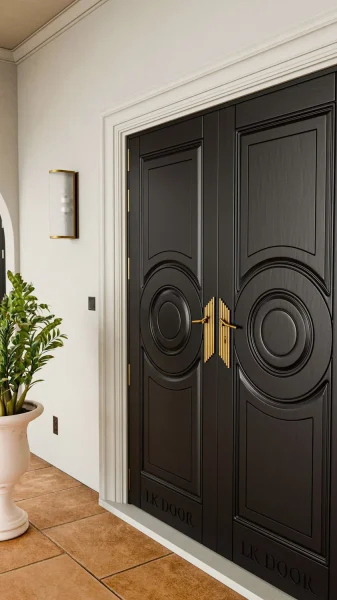 LK 723-H black HDHMR double door with raised circle panels and gold handles, by LK Doors and Interiors