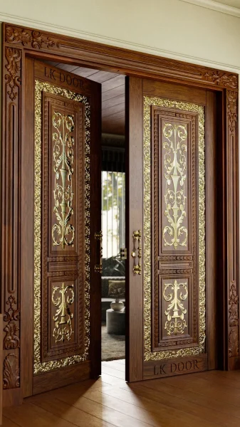 LK 729-M solid wood double door with scrollwork panels finished in gold metal carving, by LK Doors and Interiors