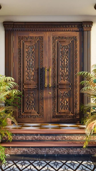 LK 729 ornate solid wood double main door with carved scrollwork panels and floral borders, by LK Doors and Interiors