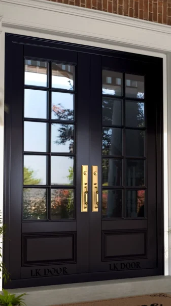 LK 730 black solid wood French double door with glass grid panels and brass handles, by LK Doors and Interiors