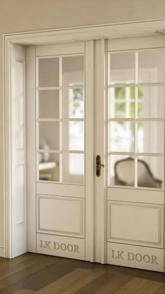 LK 730-H white HDHMR French double door with an eight-pane glass grid and raised bottom panels, by LK Doors and Interiors